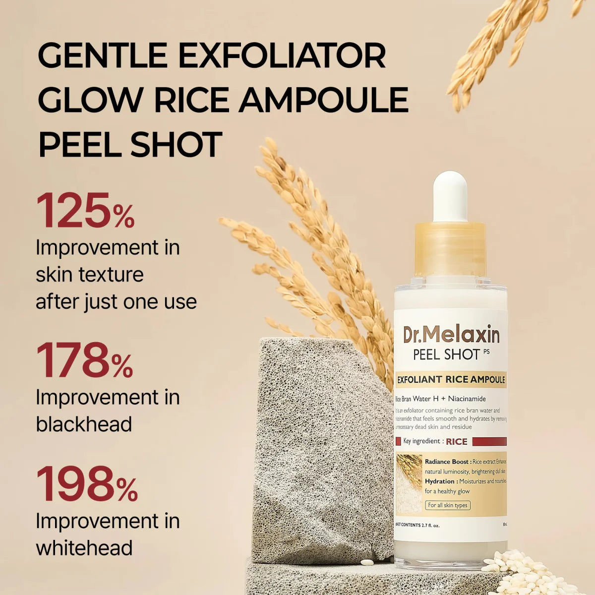 Dr. Melaxin peel shot with rice ampoule on a beige background