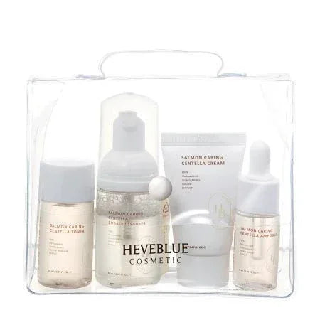 HEVEBLUE - Salmon Caring Centella Special Travel Kit Bag - Miniature Kit - 30ml+25ml+13ml+20ml, - Seoulma-skincare